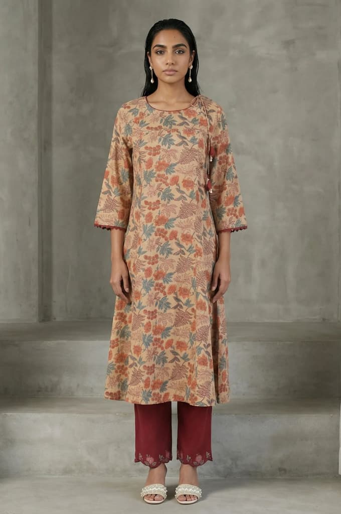 Beige Block Printed Tassel Pure Cotton A-line Kurta — XS