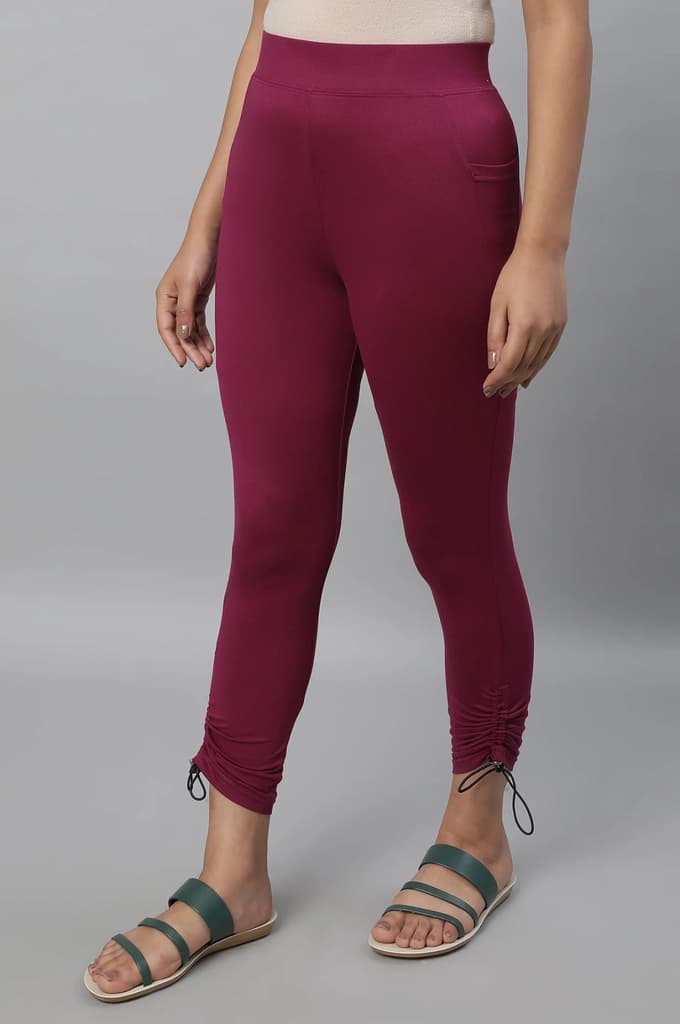 Purple Solid Skinny Fit Tights With Drawstring Detail — photo 3
