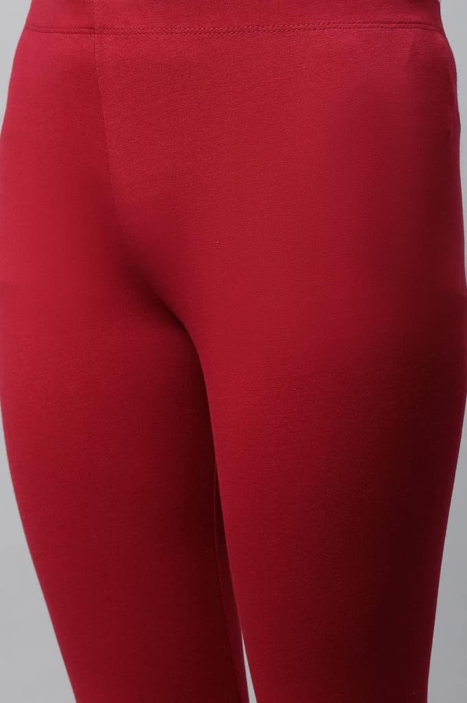 Red Solid Skinny Fit Cotton Tights With Slip On Closure — photo 7