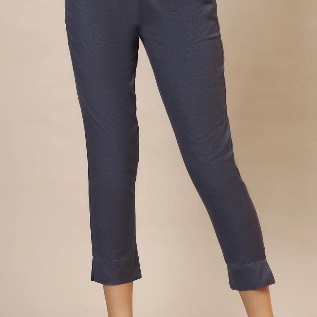 Grey Solid Slim Fit Cotton Trousers With Elasticated Waist