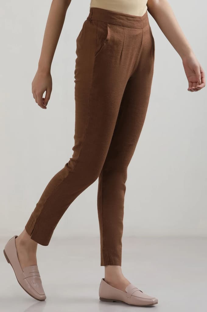 Brown Solid Straight Fit Cotton Pants — photo 4