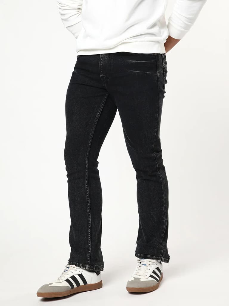 Men's Black Bootcut Fit Mid Rise Acid Wash Jeans Stretchable — photo 2