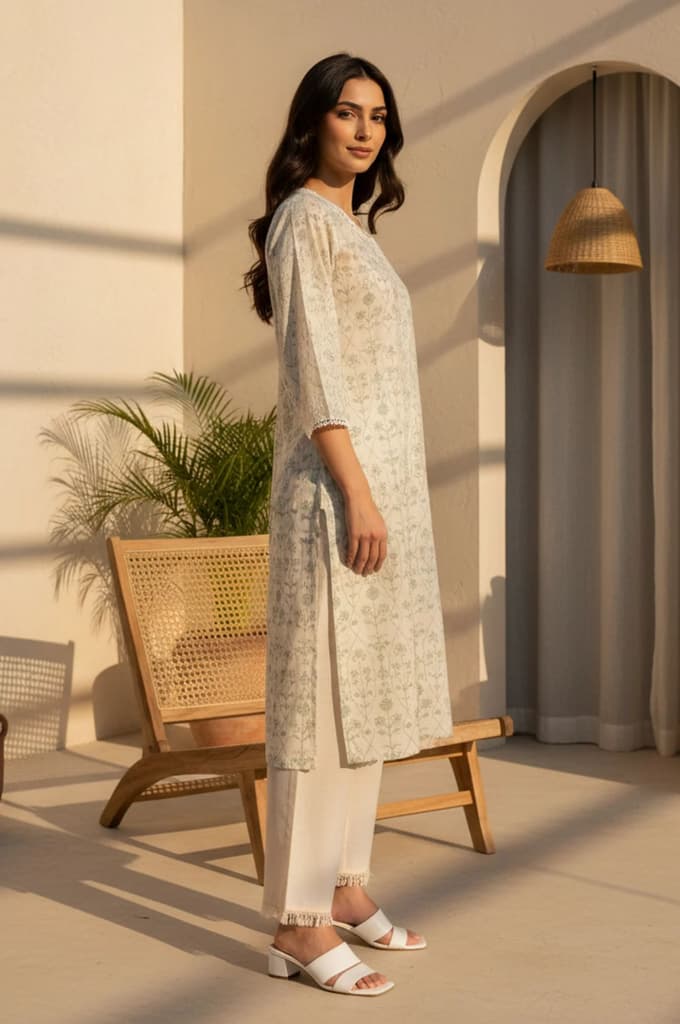 Off White Floral Printed Piping Detail Pure Cotton Straight Kurta — photo 4