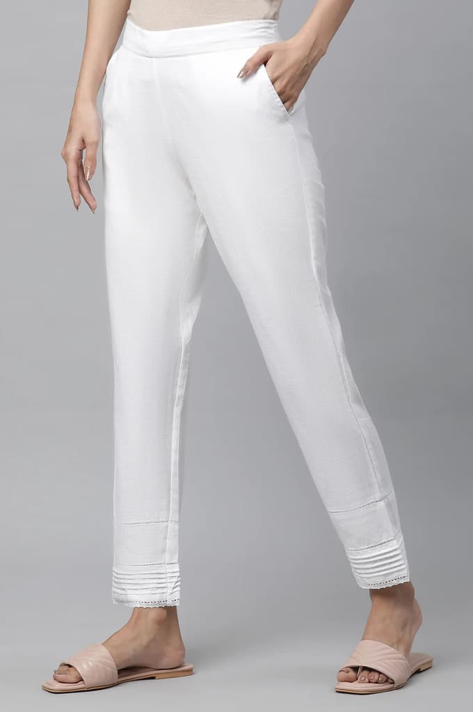 White Solid Straight Fit Cotton Trousers With Lace Inserts — photo 2