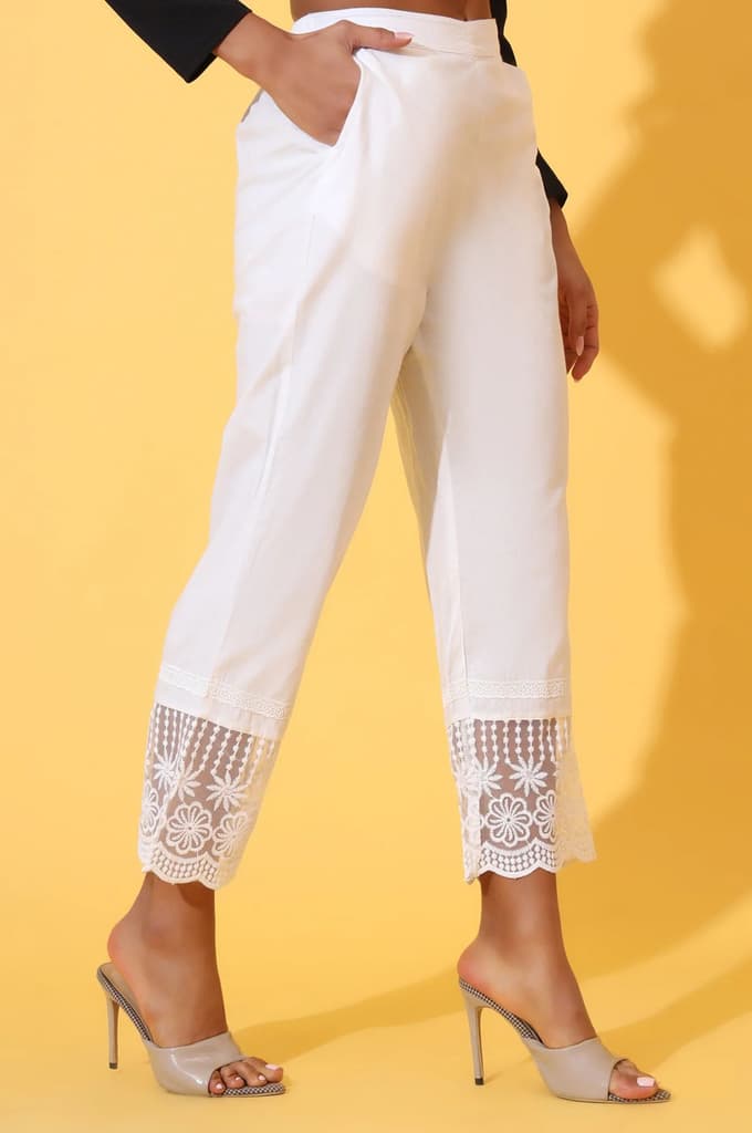 White Solid Pure Cotton Schiffli Embroidered Palazzo Pants — photo 5