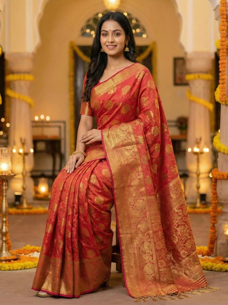 MIMOSA Women's Woven Design Kanjivaram Style Art Silk Saree with Blouse Piece - Strawberry ( SA00003142STFREE ) — photo 4