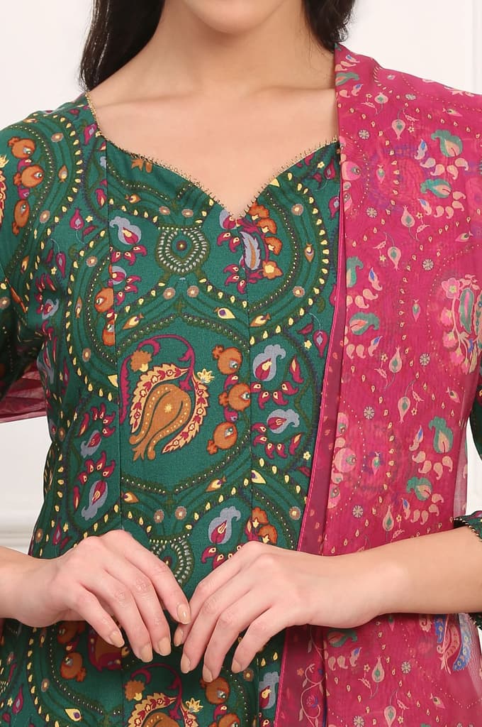 Dark Green Floral Printed Flared Chanderi Kurta, Straight Pant and Dupatta Co-ord Set — photo 3