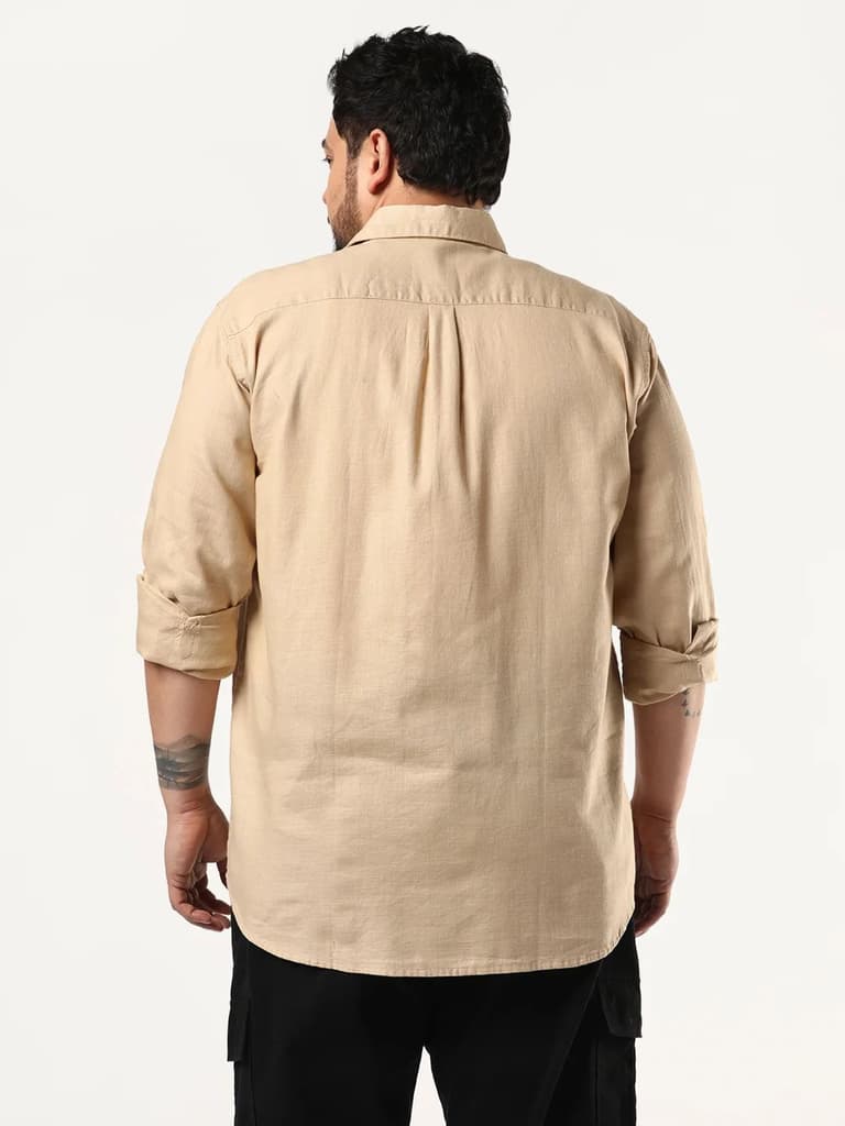 Plus Men's Beige Linen Blend Full Sleeve Relaxed Fit Casual Solid Shirt — photo 3