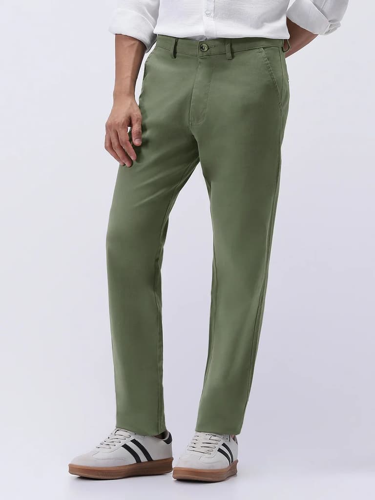 Men's Sage Green Cotton Regular Fit Casual Chinos Trousers Stretch — photo 2
