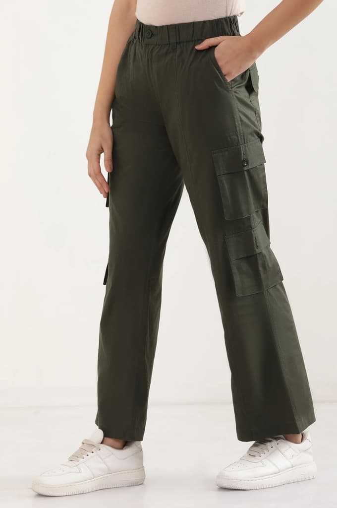 Muted Sage Green Solid Straight Fit Cotton Palazzo With Elasticated Waist And Cargo Pockets — photo 3