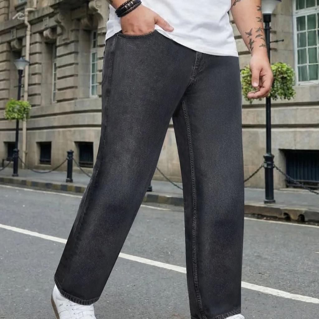 Plus Men's Grey Relaxed Fit Washed Denim Jeans Non-Stretchable