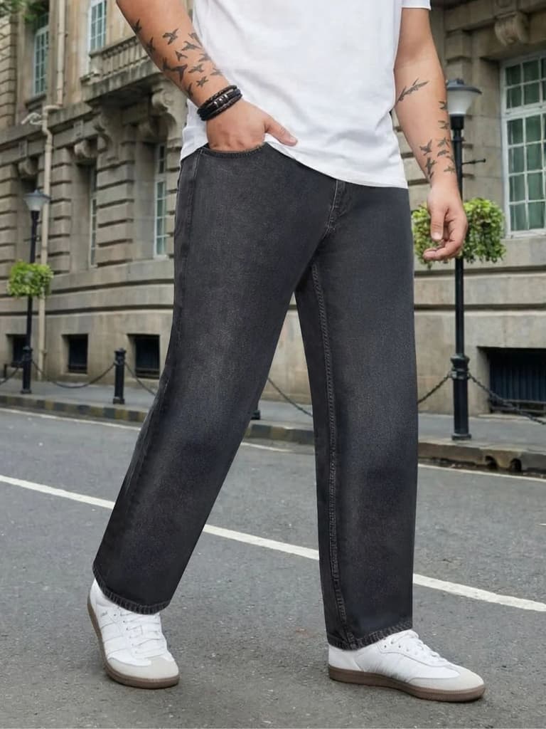 Plus Men's Grey Relaxed Fit Washed Denim Jeans Non-Stretchable — 36 / Grey