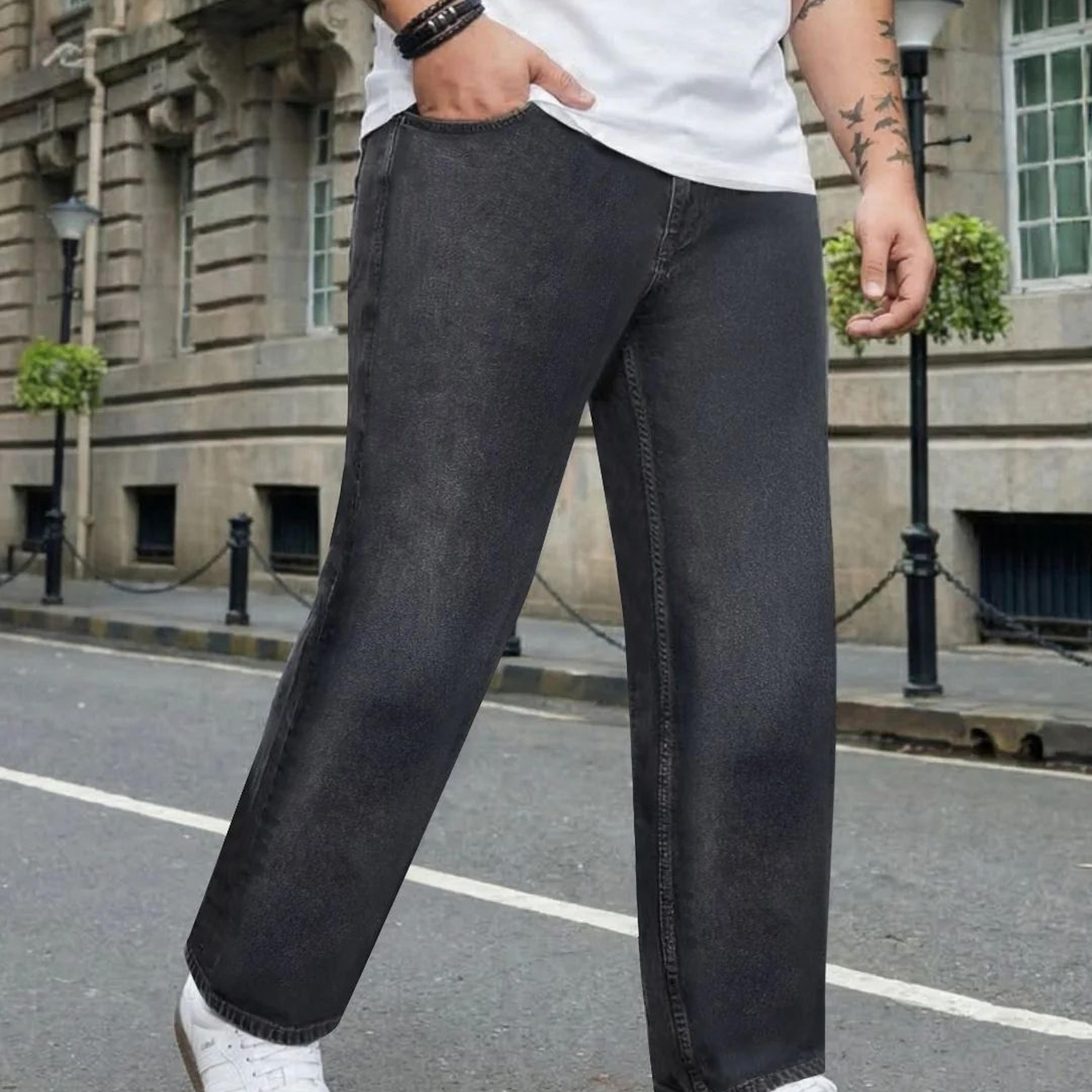 Plus Men's Grey Relaxed Fit Washed Denim Jeans Non-Stretchable