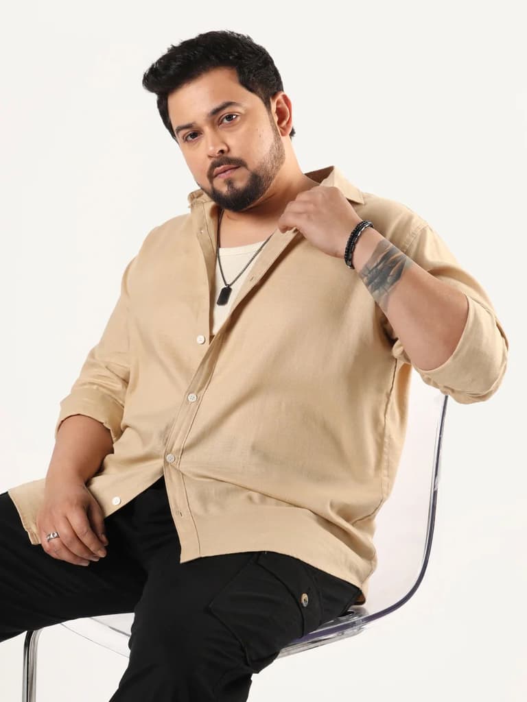 Plus Men's Beige Linen Blend Full Sleeve Relaxed Fit Casual Solid Shirt — 2XL / Beige