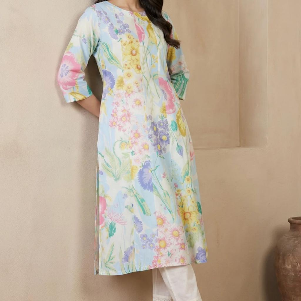 Multicolor Floral Printed Pure Cotton A-line Kurta