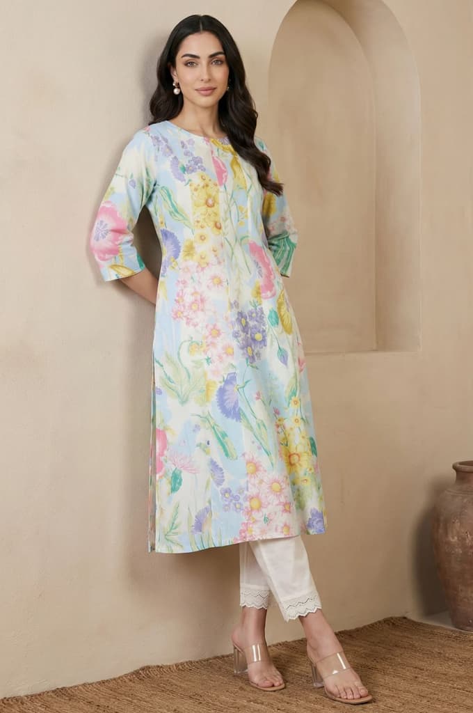 Multicolor Floral Printed Pure Cotton A-line Kurta — XS