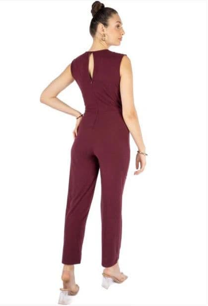 Women Maroon Solid Party Wear Sleeveless Regular Fit Jumpsuit — photo 6