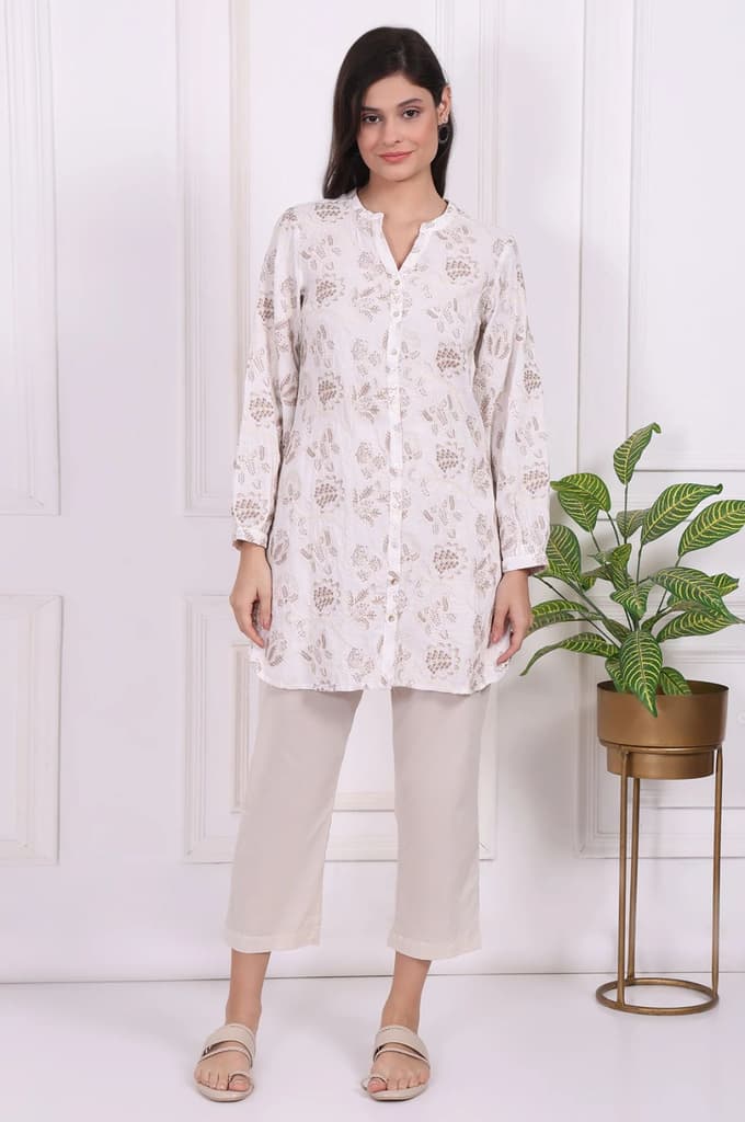 White Thread Embroidered Rayon Straight Tunic — photo 2