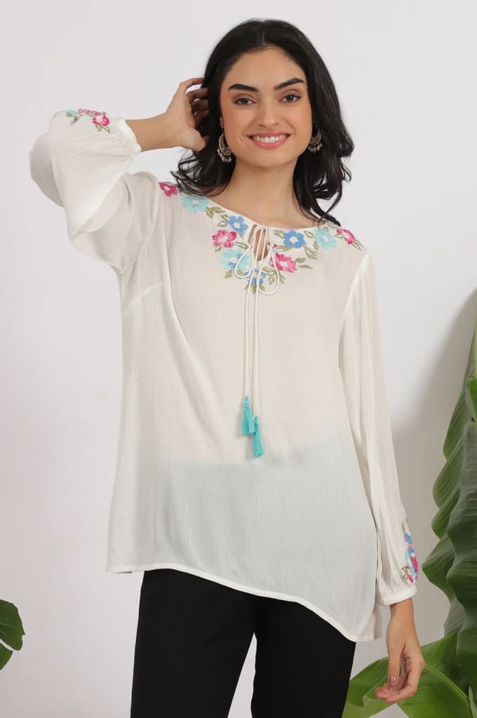 White Embroidered Rayon Crepe Straight Top — photo 2
