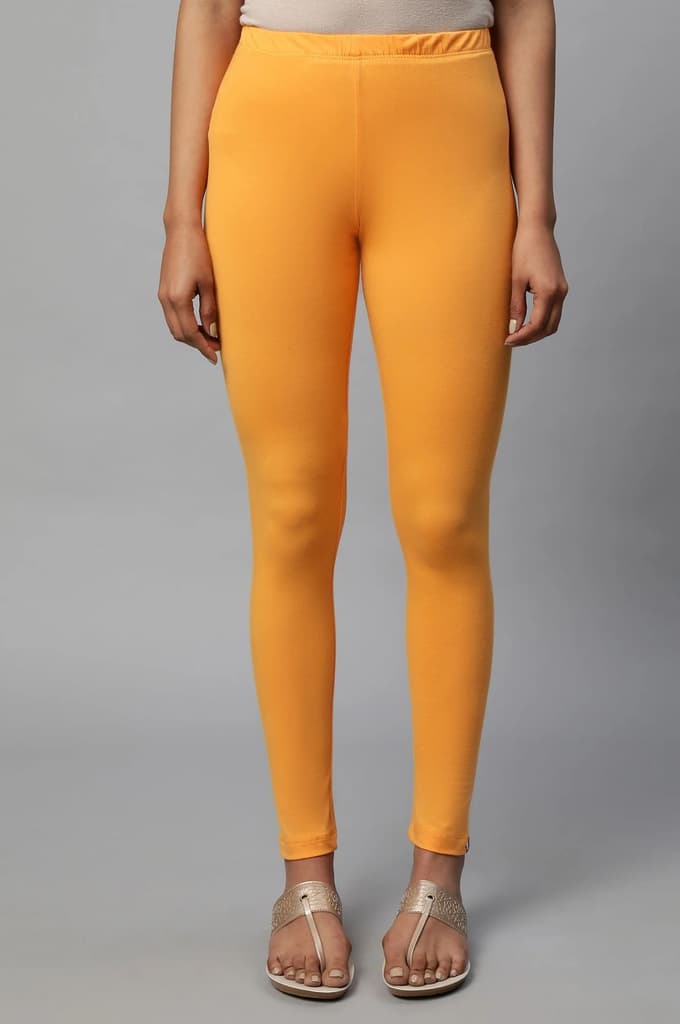 Orange Solid Skinny Fit Cotton Tights With Elasticated Waist
