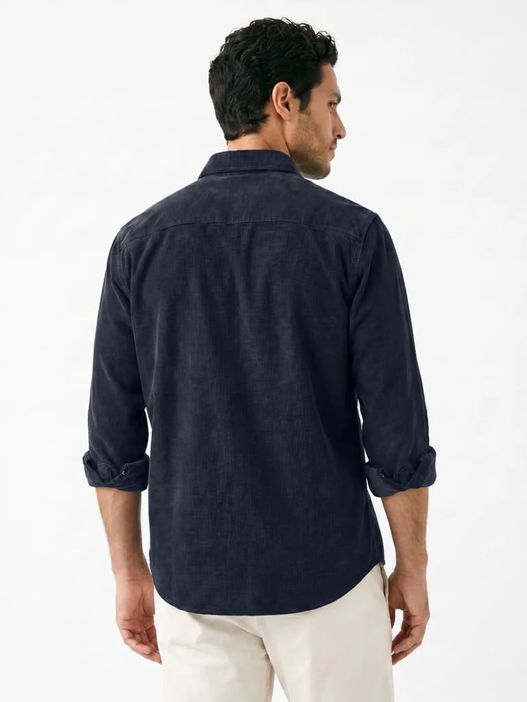 Men's Navy Corduroy Full Sleeve Regular Fit Solid Overshirt with Utility Pockets — photo 3