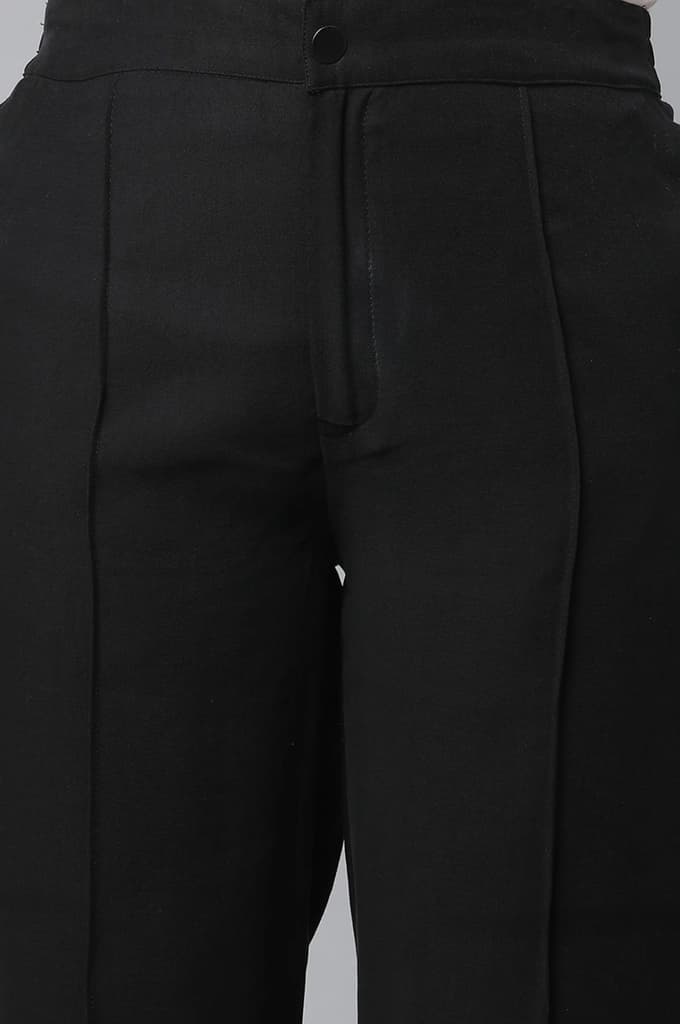 Black Solid Straight Fit Woven Pants With Pintuck Detail — photo 6