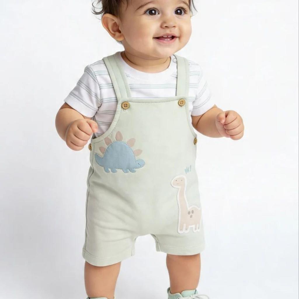 HOP Baby Boys Sage Animal Printed Cotton Dungaree and T-Shirt Set