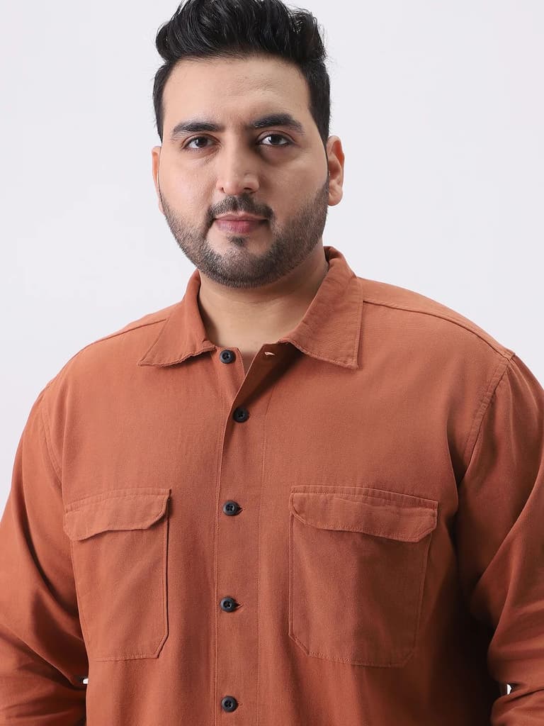 Plus Men's Rust Cotton Full Sleeve Relaxed Fit Shacket with Utility Pockets — photo 5