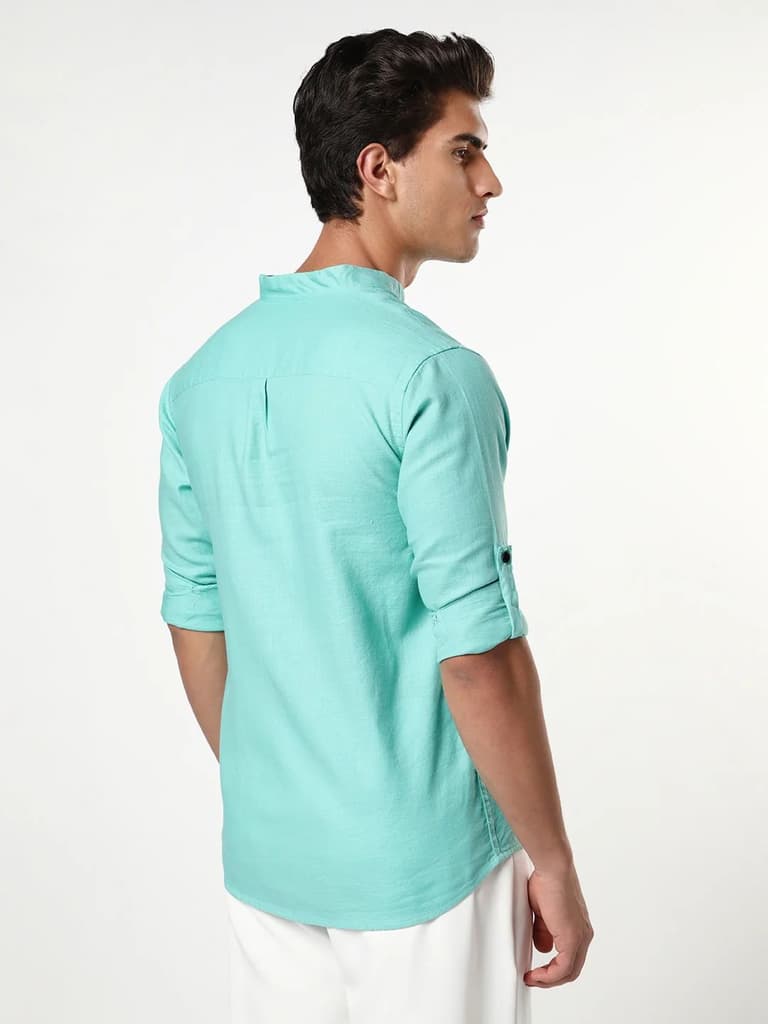 Men's Light Teal Linen Blend Full Sleeve Relaxed Fit Mandarin Collar Casual Solid Shirt — photo 4