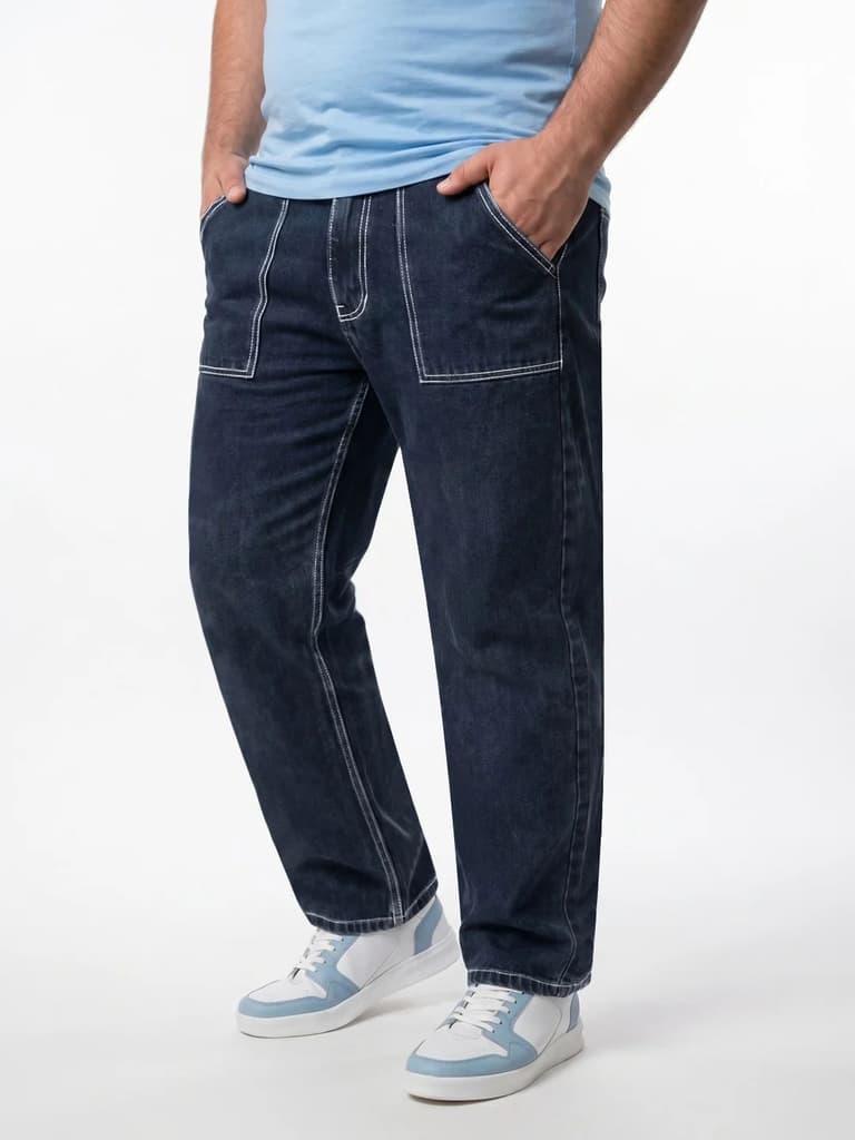 Plus Men's Dark Blue Loose Baggy Fit Washed Denim Jeans Non-Stretchable — photo 2