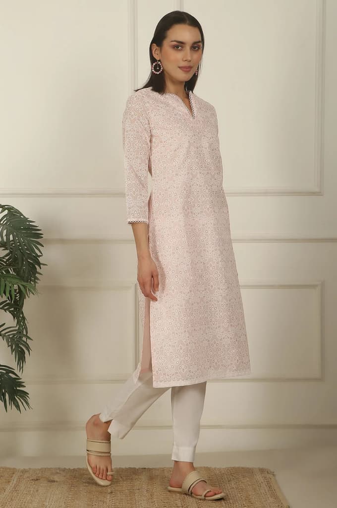 Pastel Pink Khadi Printed Kota Straight Kurta — photo 7