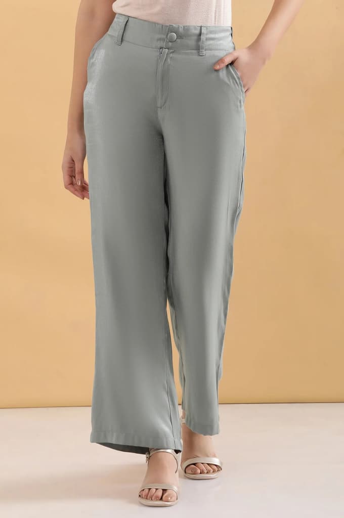 Grey Solid Straight Fit Woven Pants With Elasticated Back — photo 3