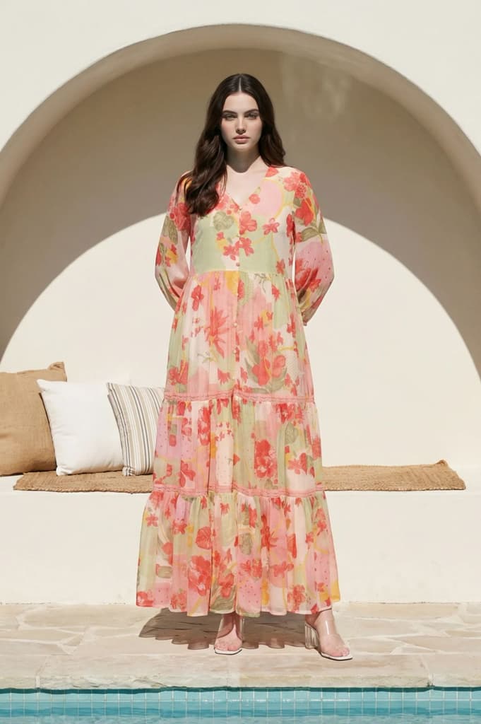 Pink Floral Printed Tiered Dress — photo 2