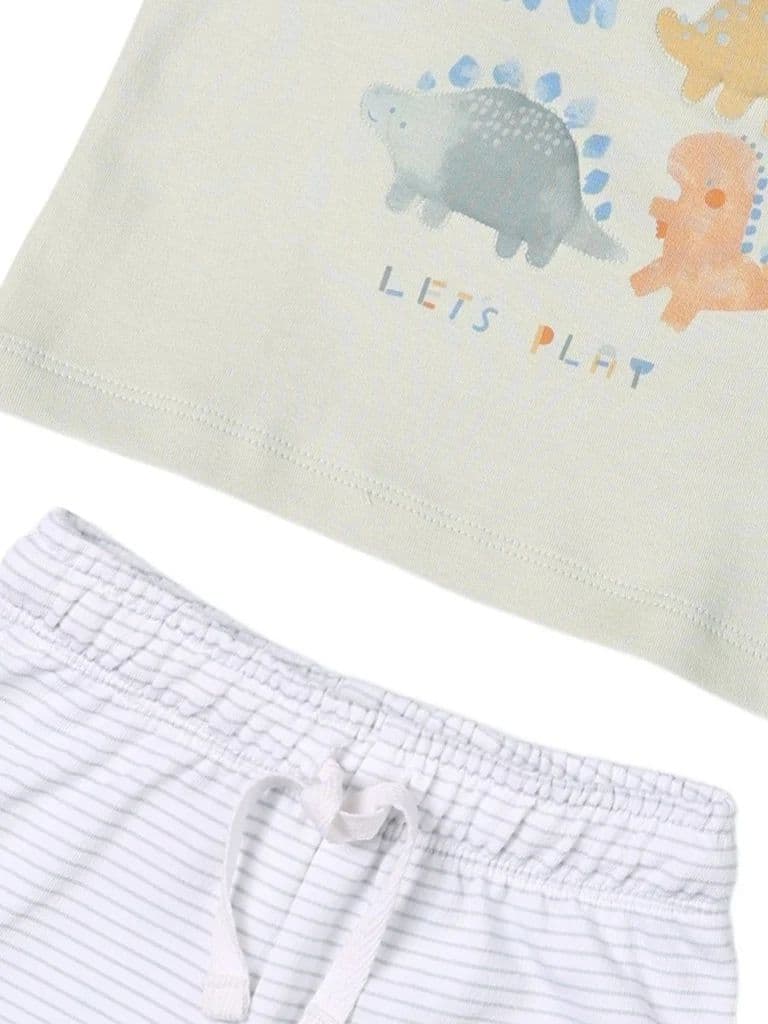 HOP Baby Boys Sage Dinosaur Printed Cotton T-Shirt and Shorts Set — photo 4