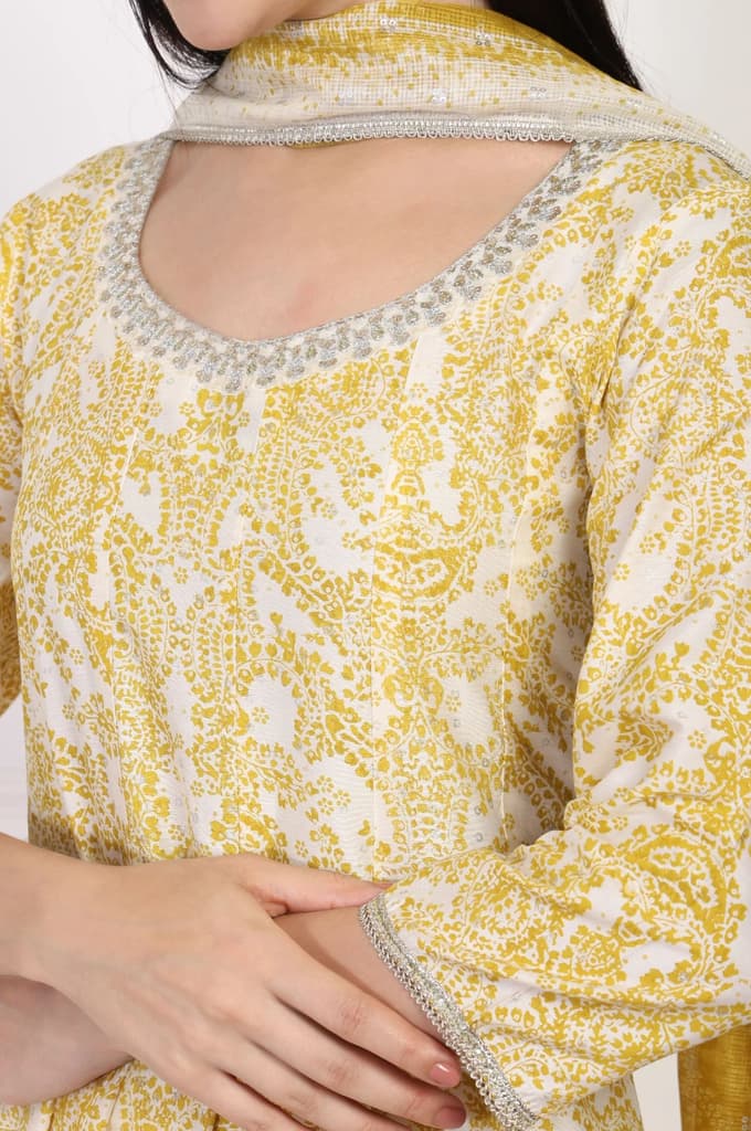 Yellow Paisley Printed Embellished Anarkali Kurta with Straight Pant and Dupatta Set — photo 3