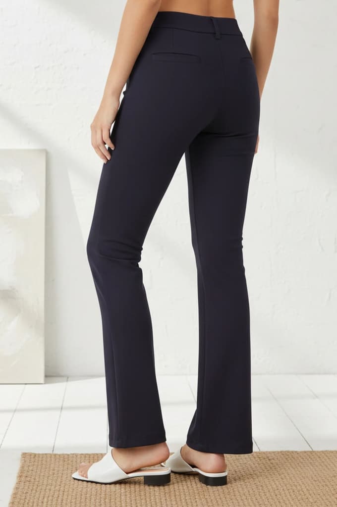 Navy Blue Solid Buttons Rayon Slim Fit Flared Boss Pants — photo 3
