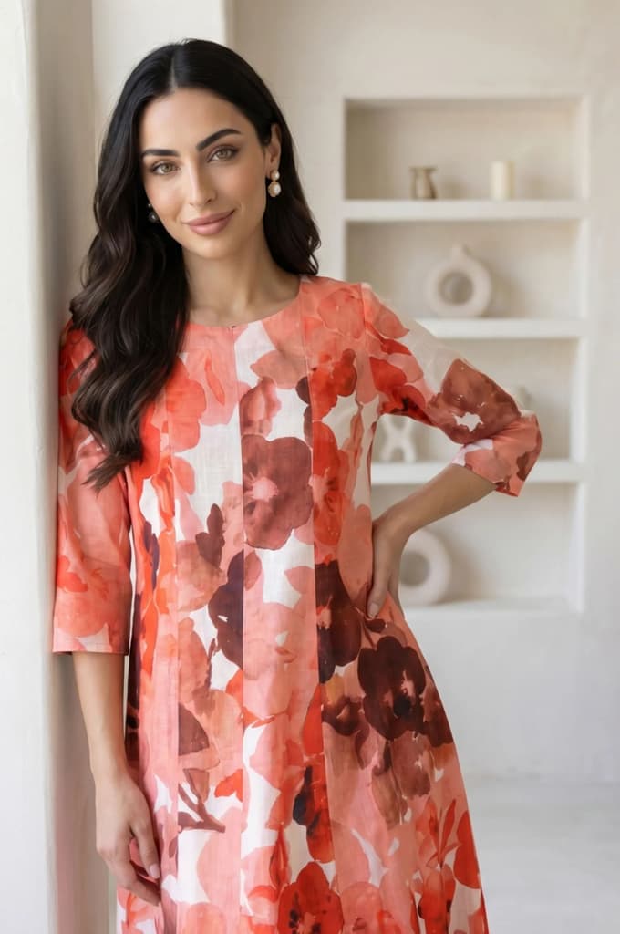 Peach Floral Printed Cotton Flax A-line Kurta — photo 2