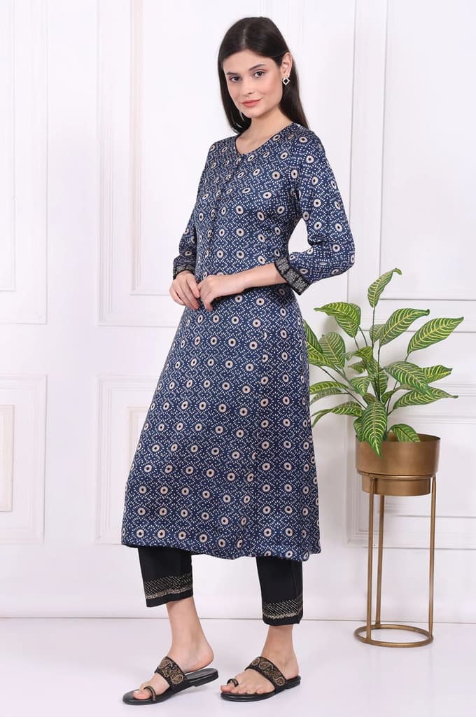 Navy Blue Geometric Printed Embroidered Modal Satin Straight Kurta — photo 4