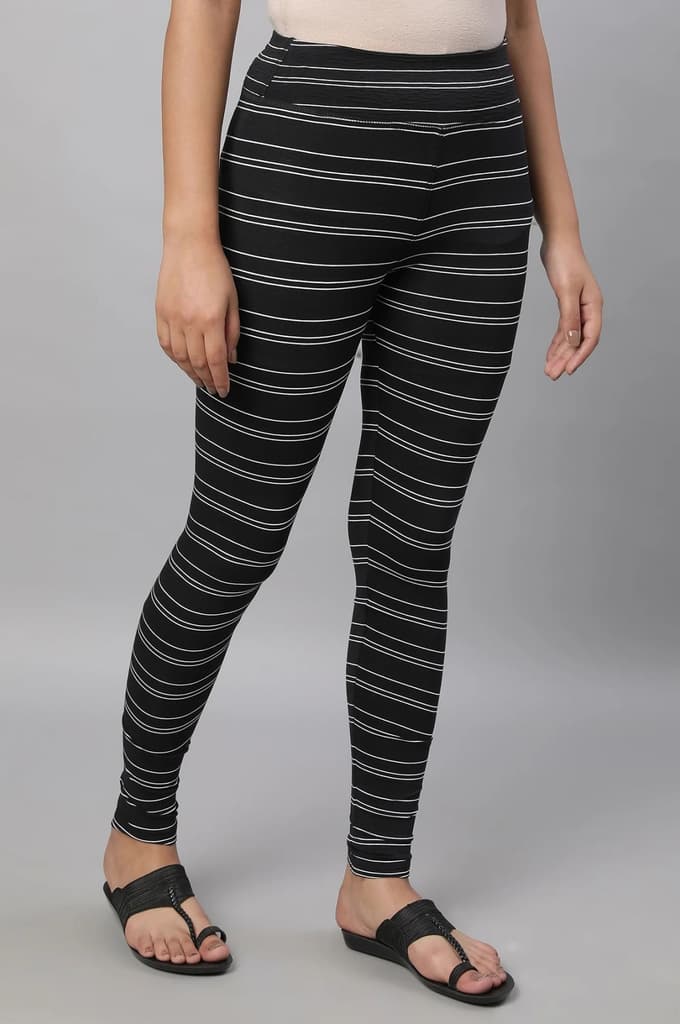 Black Striped Skinny Fit Cotton Tights With High Waistband — photo 4
