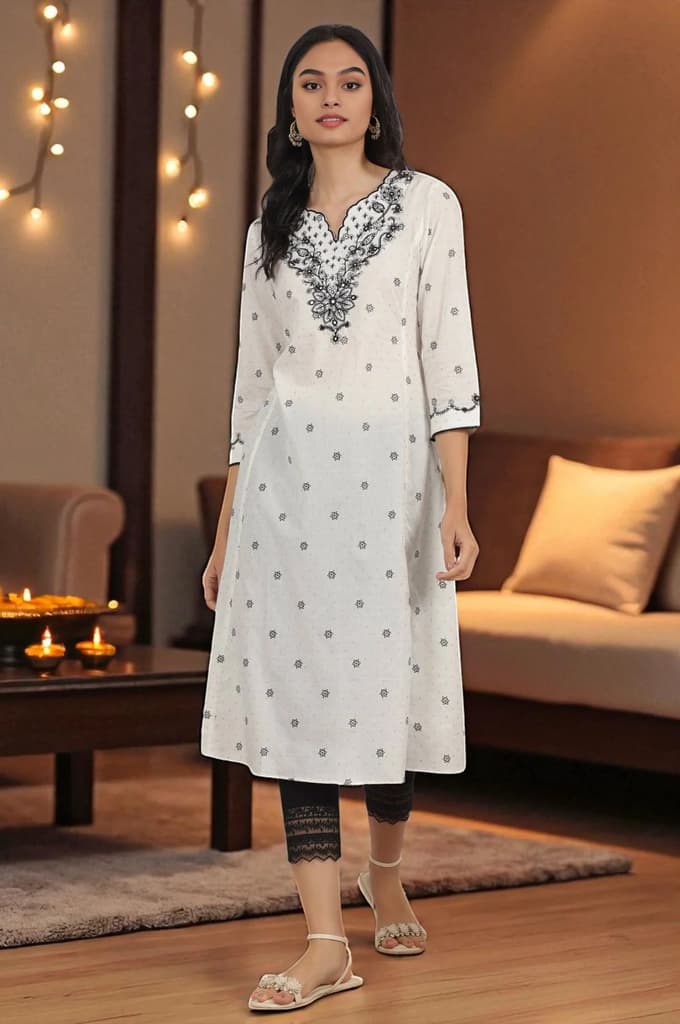 White Printed Cotton Lurex Dobby Flared Kurta with Embroidered Yoke — XS