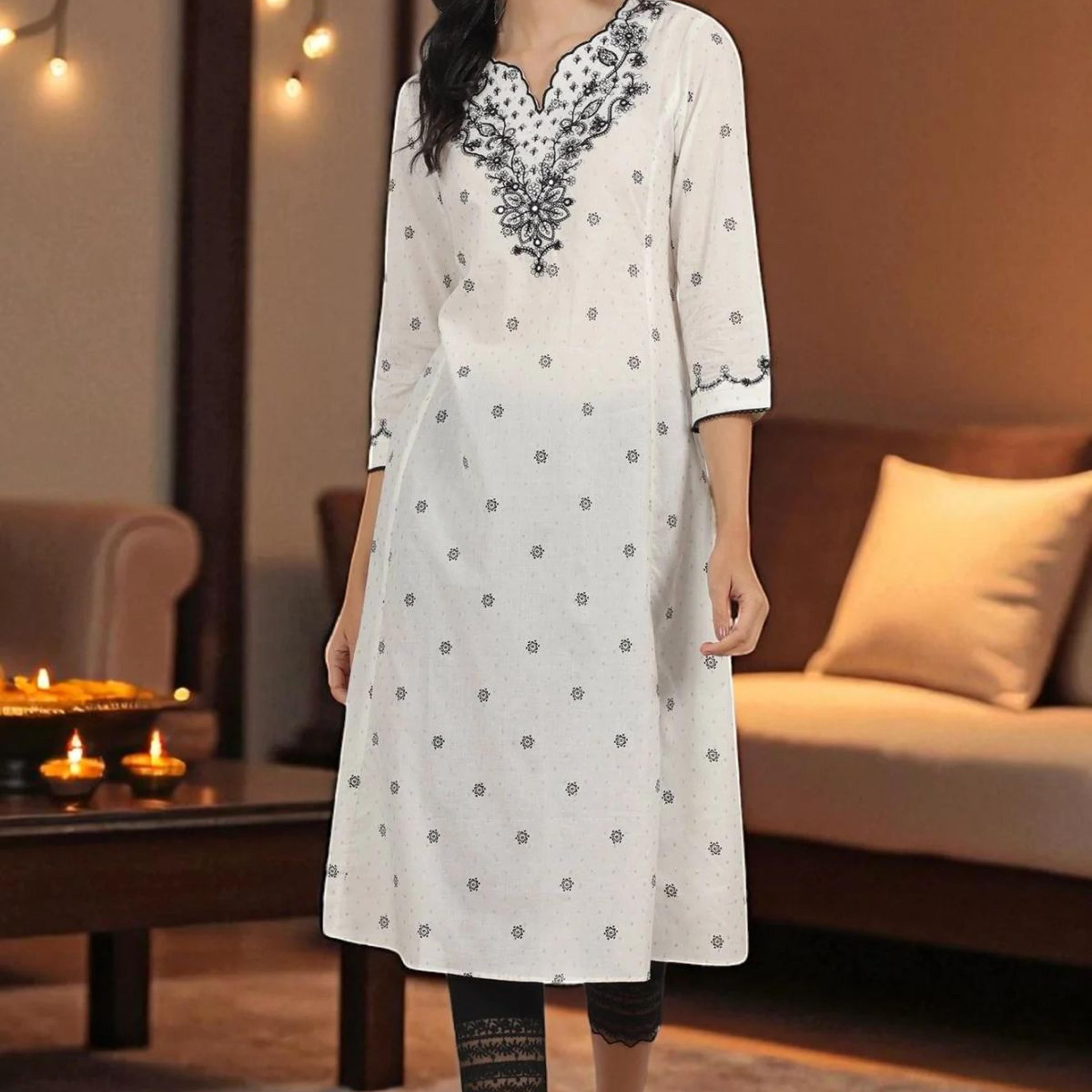 White Printed Cotton Lurex Dobby Flared Kurta with Embroidered Yoke