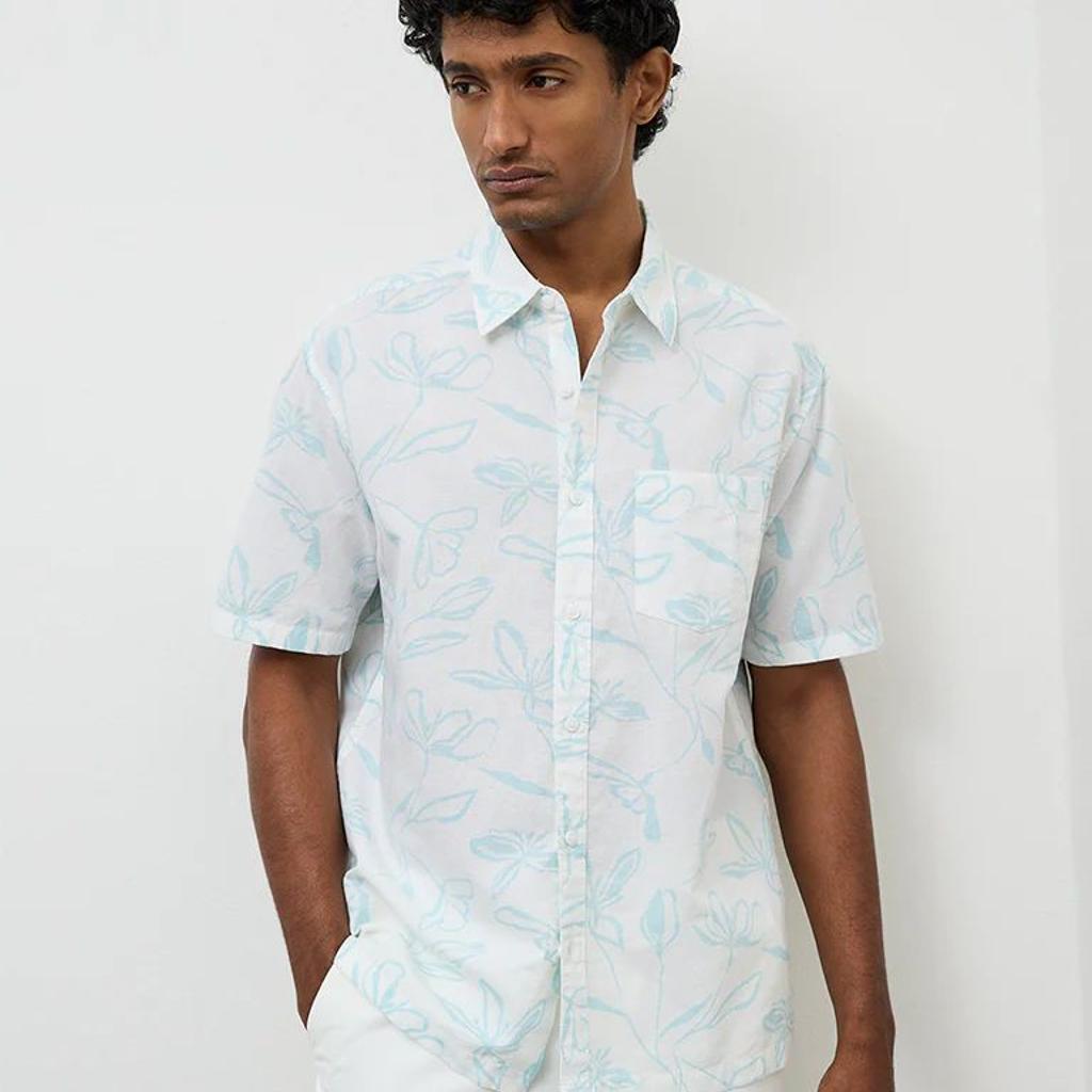 WES Casuals White Printed Relaxed-Fit Cotton-Blend Shirt