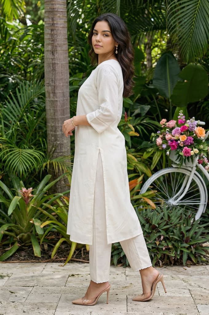 Off White Thread Embroidered Chanderi Straight Kurta with Straight Pants and Organza Dupatta Set — photo 4
