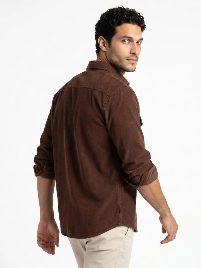 Men's Brown Corduroy Full Sleeve Regular Fit Solid Overshirt with Utility Pockets — photo 3
