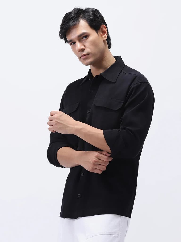 Men's Black Cotton Full Sleeve Relaxed Fit Shacket with Utility Pockets — photo 2