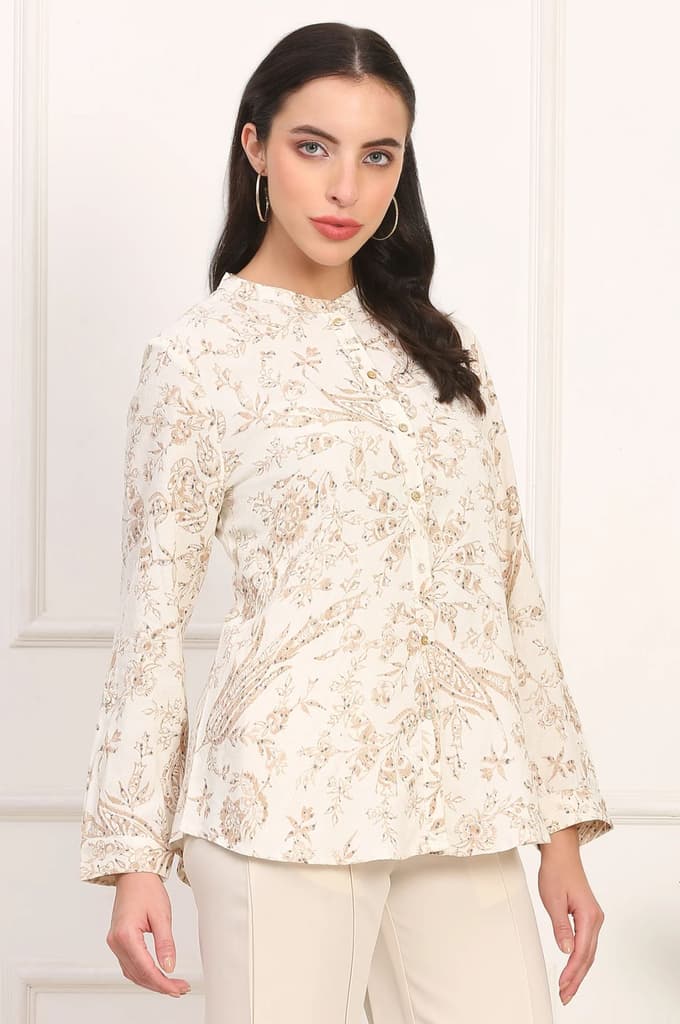 White Floral Printed Dobby Mandarin Collar Top — photo 6