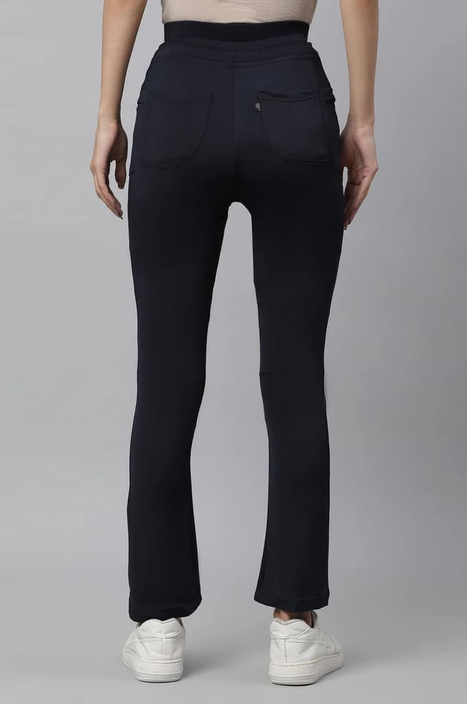 Navy Blue Solid Boot Cut Pants With Drawstring — photo 3