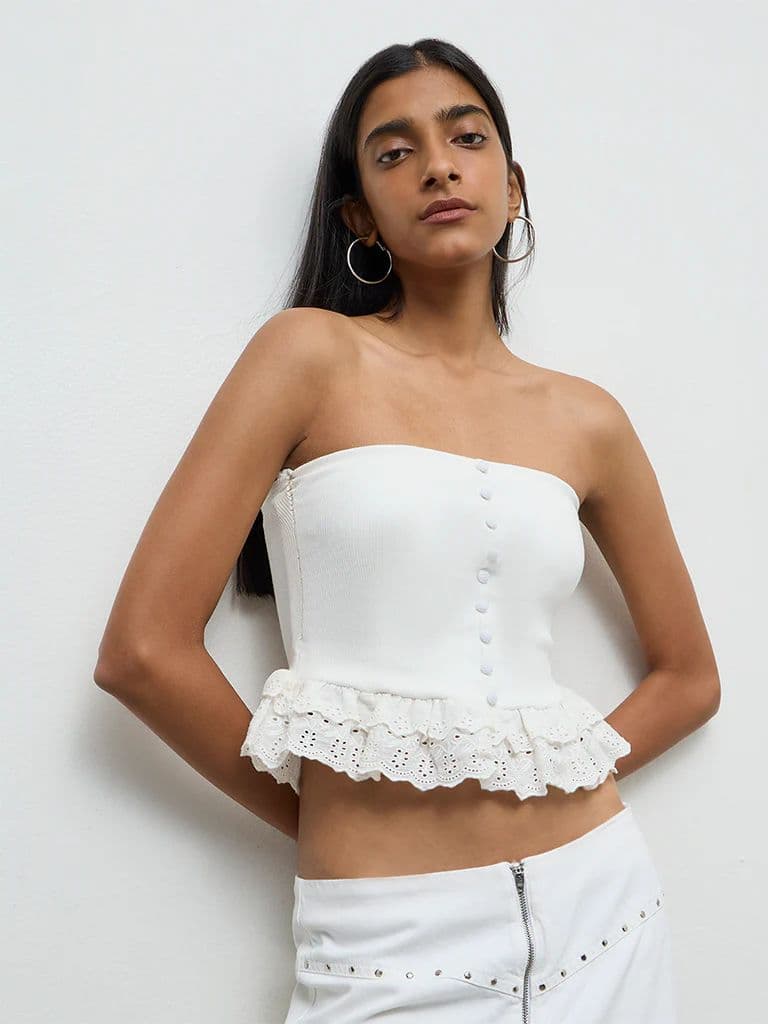 Nuon White Frill-Detailed Cotton-Blend Tube Top — photo 2