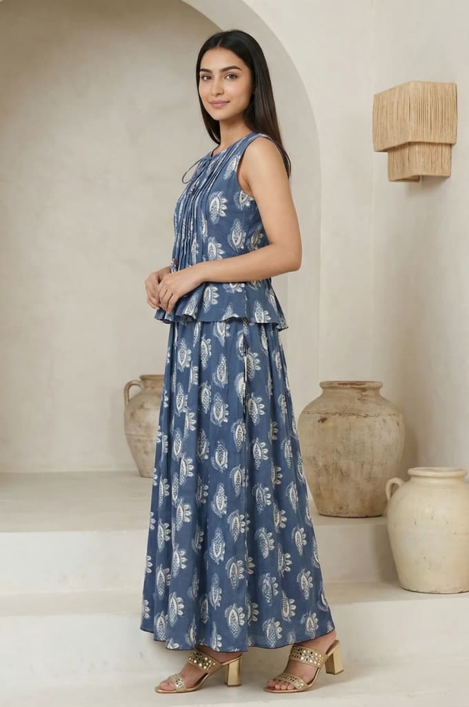 Blue Floral Printed Tassel Pure Cotton Top with Flared Skirt Set — photo 3