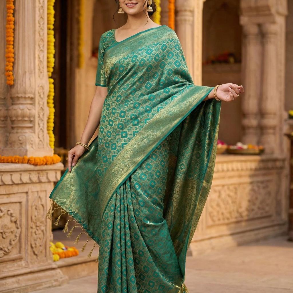 MIMOSA Women's Woven Design Banarasi Style Raw Silk Saree with Blouse Piece - Rama ( SA00003131RMFREE )